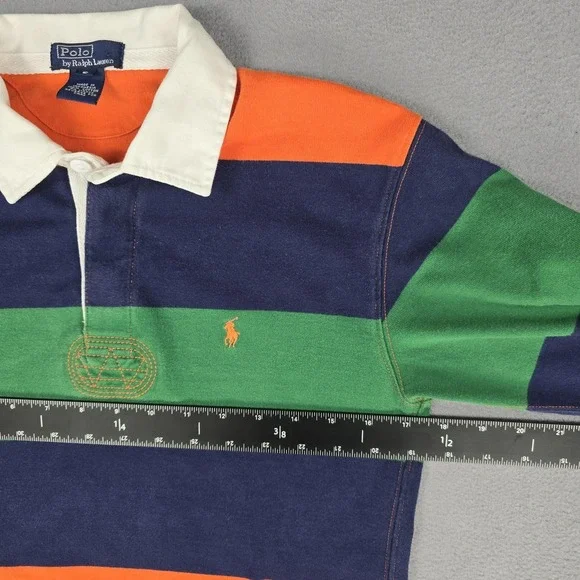 Polo Ralph Lauren Rugby Shirt Mens Small Orange Green Navy Striped Long Sleeve - Picture 10 of 11